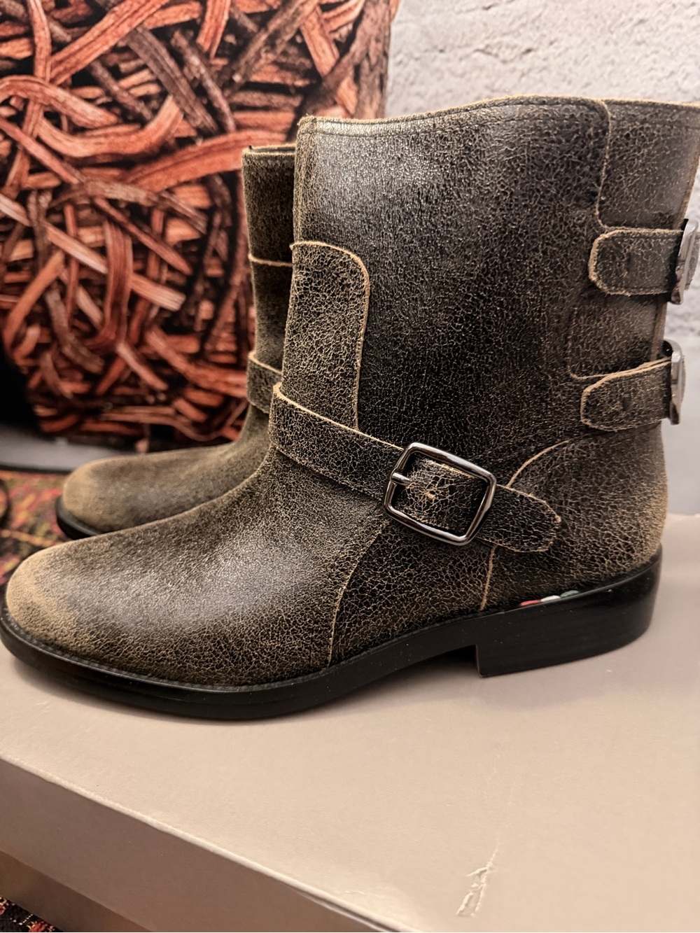 Franco Sarto L-PRINA Brown Distressed Leather Buckle Ankle Boots